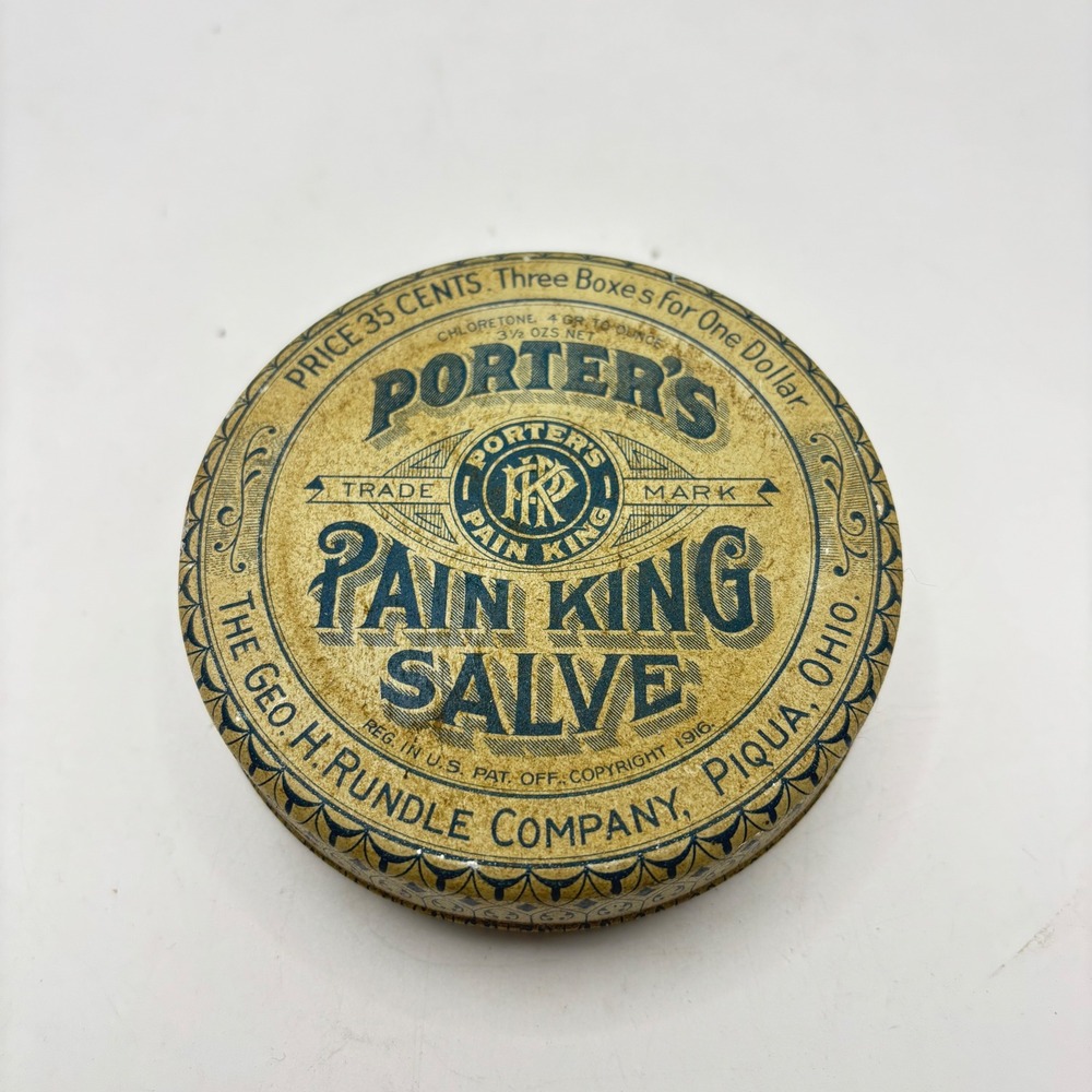 Vintage Porters Pain King Salve Tin Geo H Rundle Co Piqua Ohio Apothecary Farm